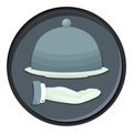 Plate with lid for a dish, plate for serving food. Dishes for restaurants or hotels, badge, waiter\'s hand in glove
